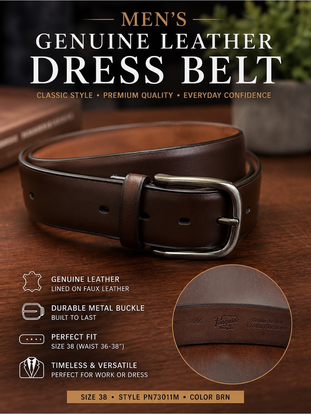 Men's Genuine Leather Belt in Brown — Classic Dress Style